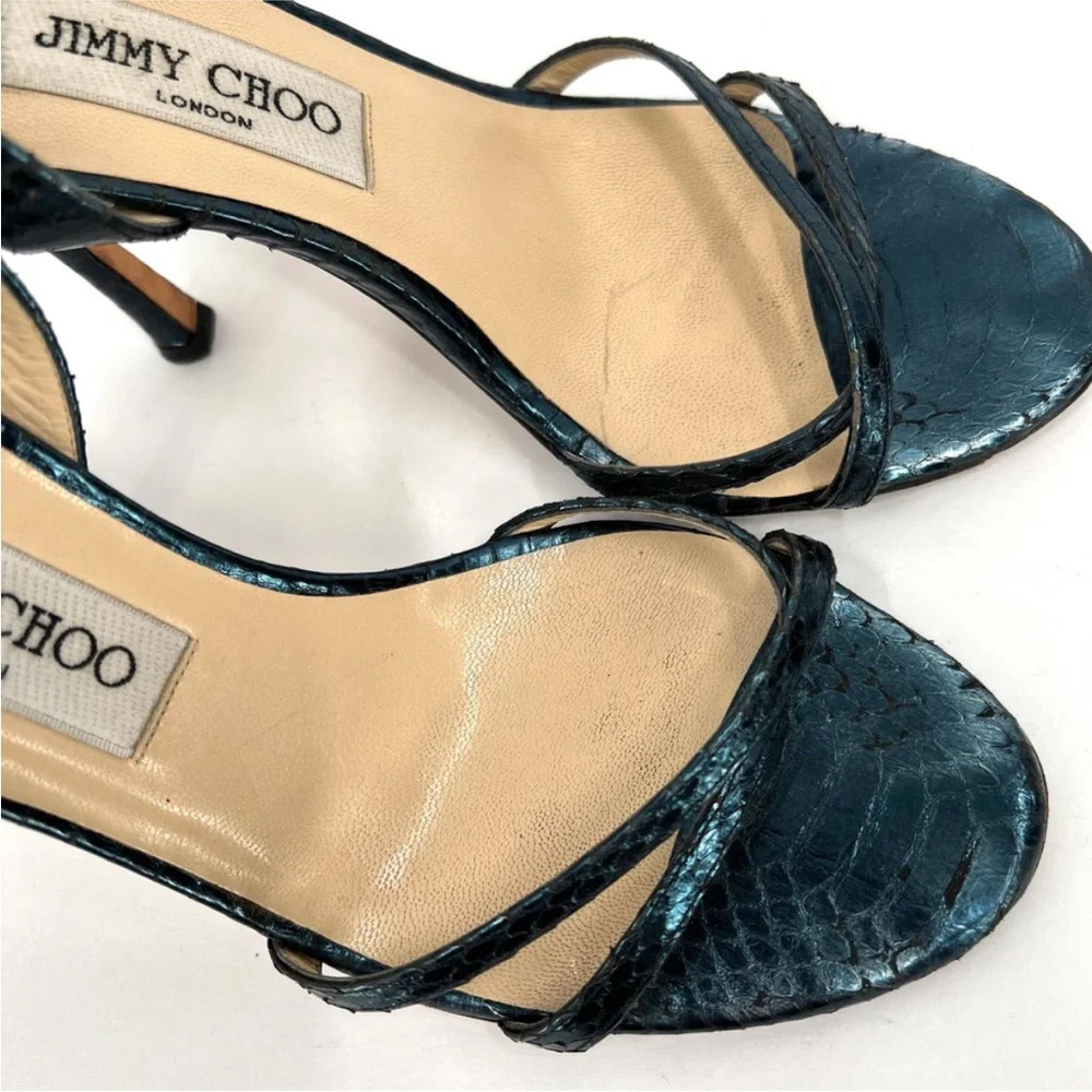 JIMMY CHOO Shoes Womens 38 Metallic Blue Snake Embossed Strappy Leather Sandal - Picture 7 of 14